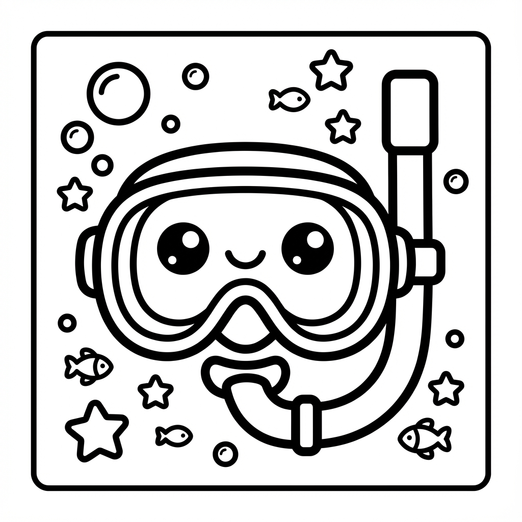 Cute snorkel mask with bubbles, ideal for thick line coloring pages and beginner coloring pages.